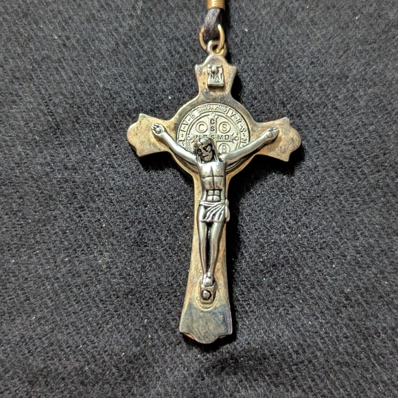 Silver And Brass Tone Saint Benedict Cross Crucifix Pendant Statement Necklace - Picture 1 of 7